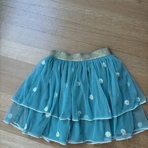 Boden Teal Floral Skirt with Gold Trim